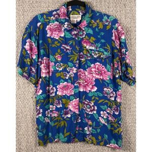 Bugle Boy Classics Vintage 90s Floral Rayon Shirt M Blue Pink Tropical Hawaiian